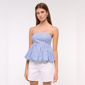 Abercrombie & Fitch Strapless Bubble Hem Top Blue Gingham Size Small